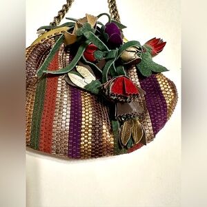 VTG NEW Elisa Atheniense Metalic Floral Artsy Leather Purse Chain Shoulder Bag